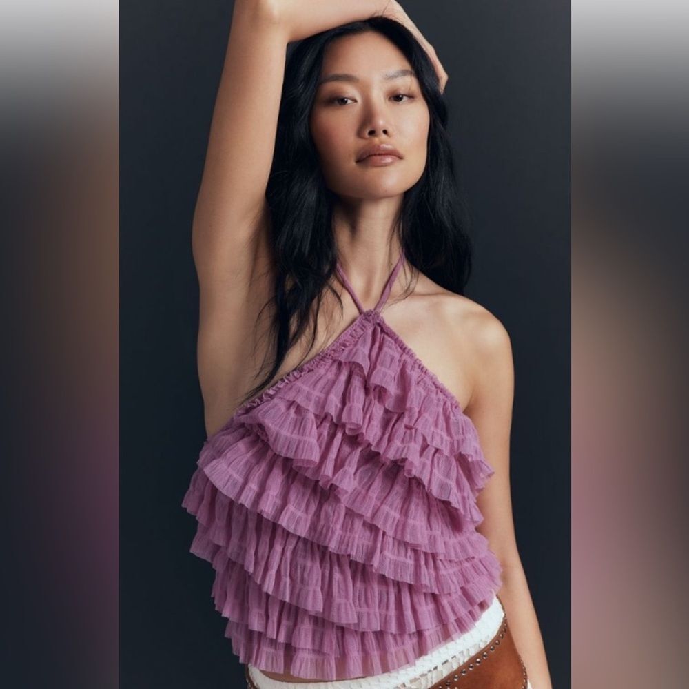 NWT By Anthropologie Halter Ruffle Tank Top in Violet, Size Large